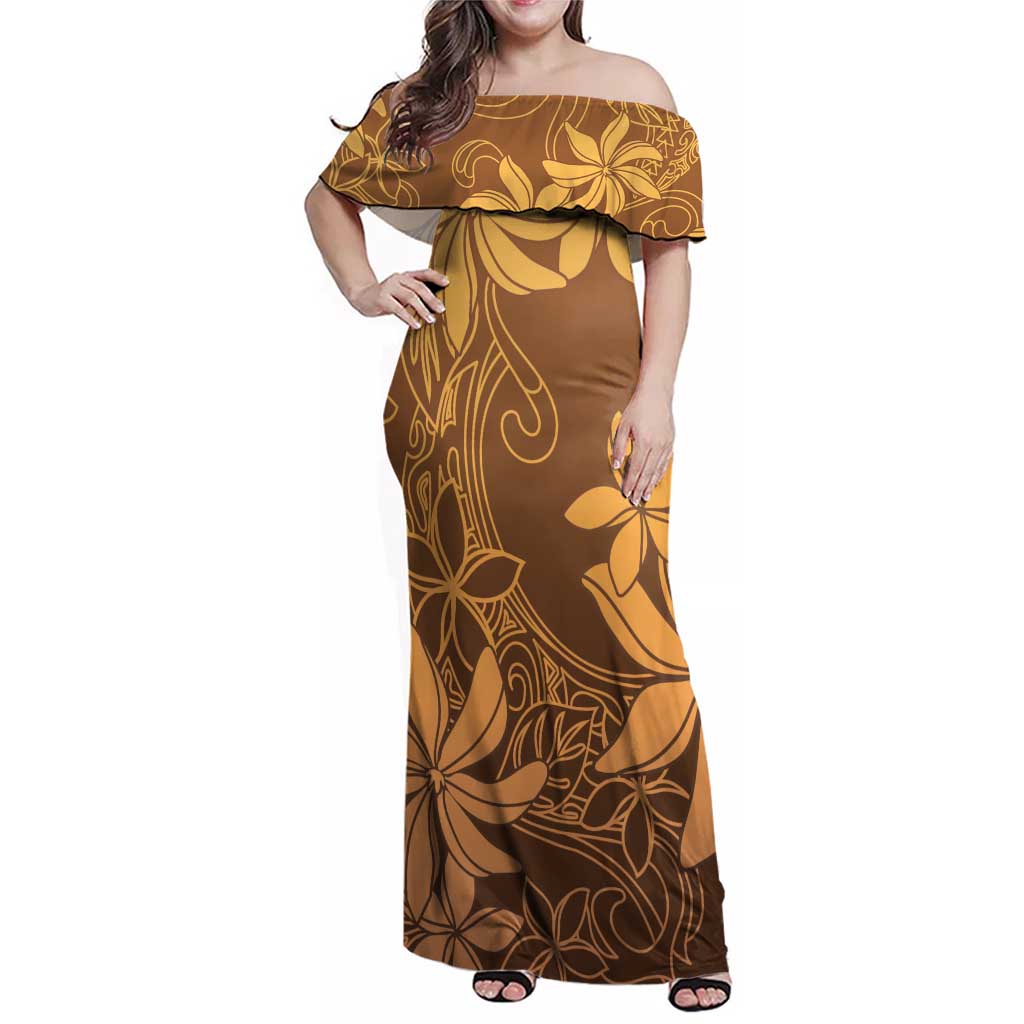 Tiare Tahiti Family Matching Off Shoulder Maxi Dress and Hawaiian Shirt Brown Polynesia Motifs - Polynesian Pride