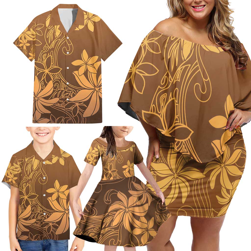 Tiare Tahiti Family Matching Off Shoulder Short Dress and Hawaiian Shirt Brown Polynesia Motifs - Polynesian Pride