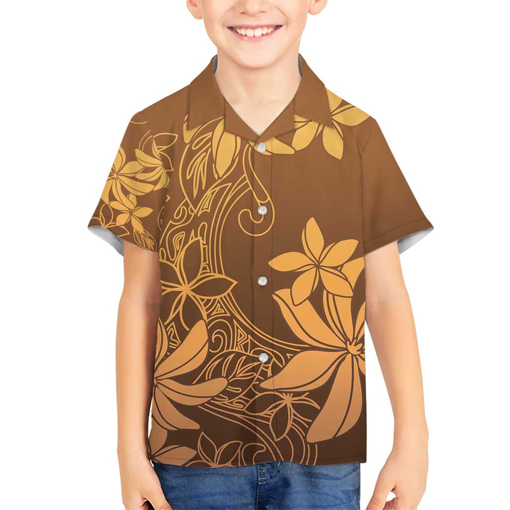 Tiare Tahiti Family Matching Off Shoulder Short Dress and Hawaiian Shirt Brown Polynesia Motifs - Polynesian Pride
