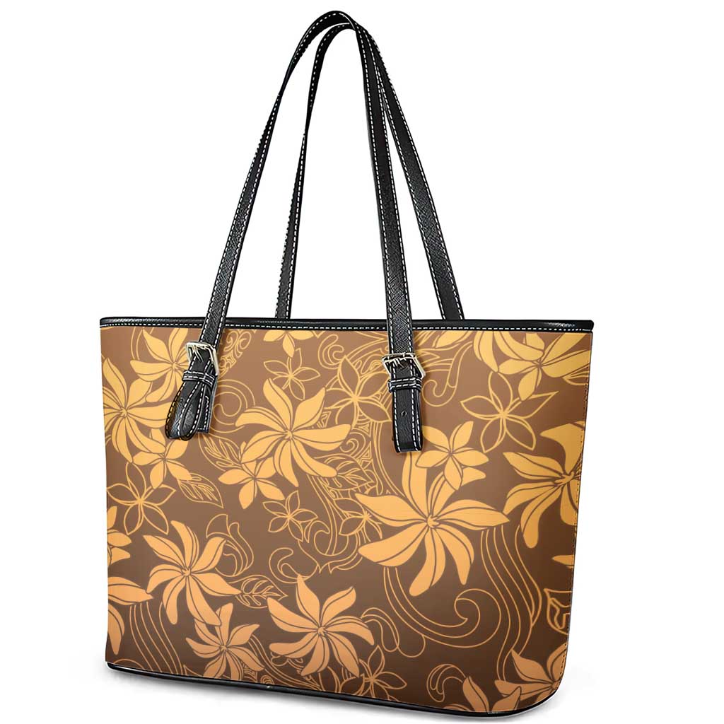 Tiare Tahiti Leather Tote Bag Brown Polynesia Motifs - Polynesian Pride