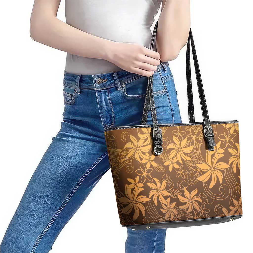 Tiare Tahiti Leather Tote Bag Brown Polynesia Motifs - Polynesian Pride