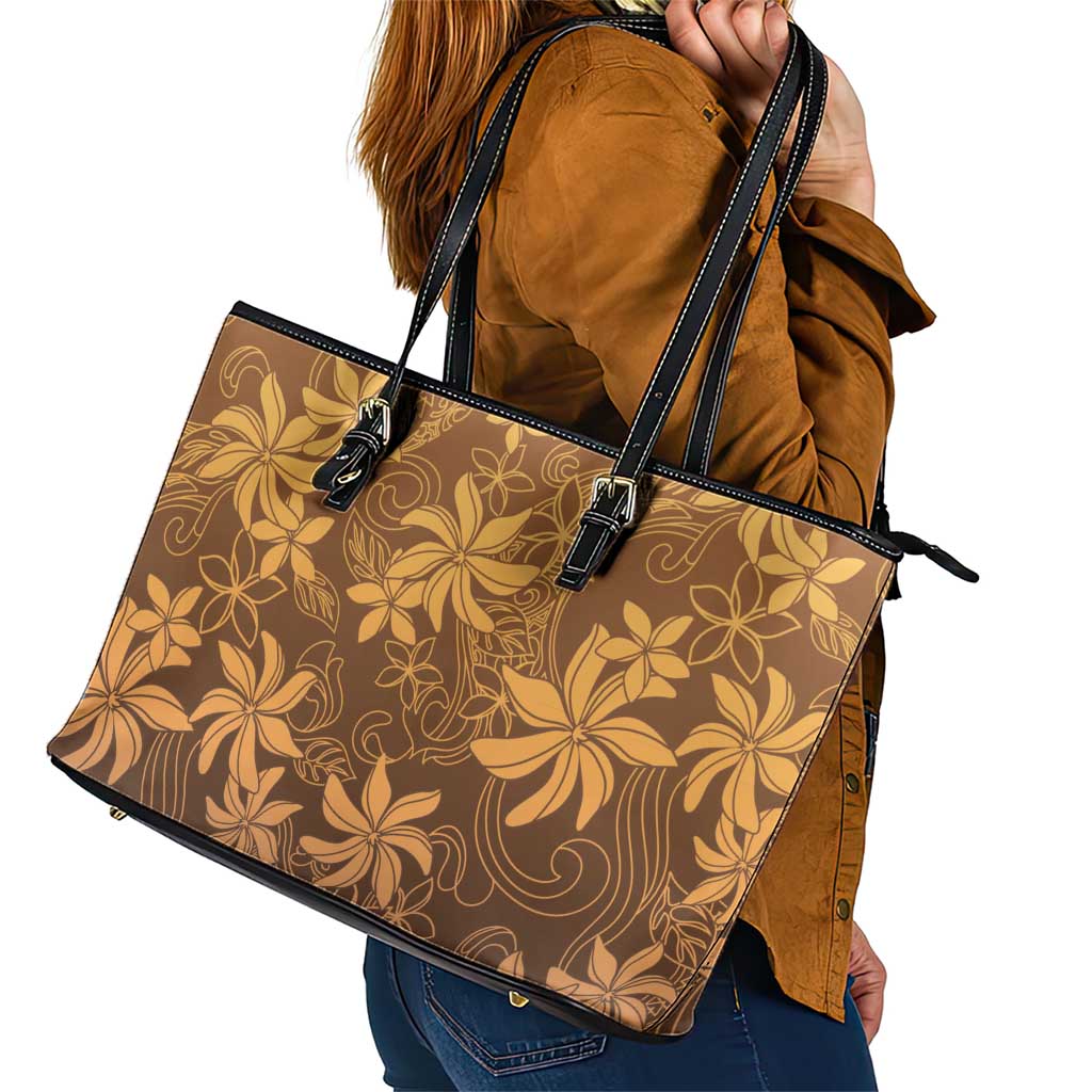 Tiare Tahiti Leather Tote Bag Brown Polynesia Motifs - Polynesian Pride