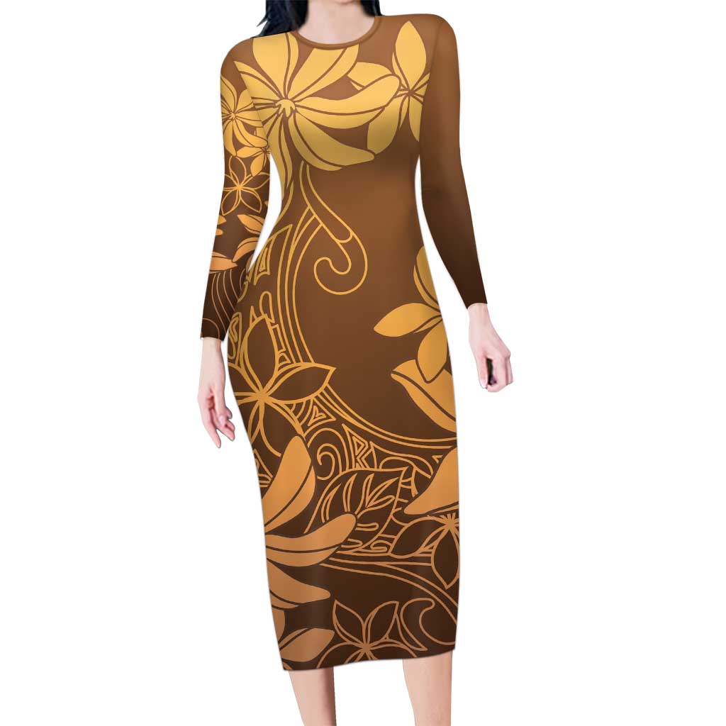 Tiare Tahiti Long Sleeve Bodycon Dress Brown Polynesia Motifs - Polynesian Pride