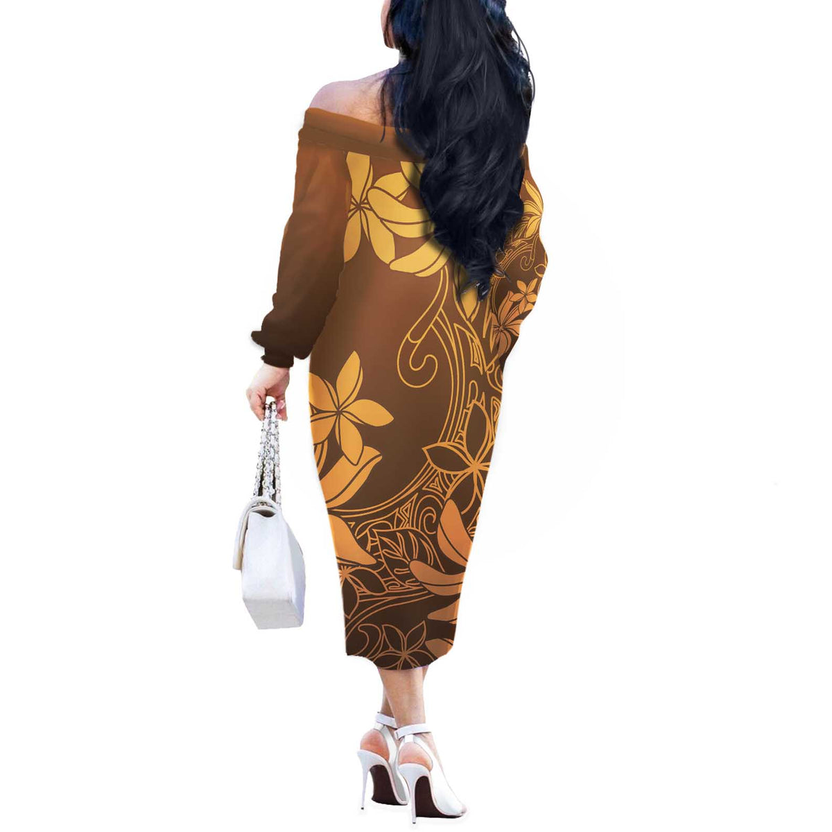 Tiare Tahiti Off The Shoulder Long Sleeve Dress Brown Polynesia Motifs - Polynesian Pride