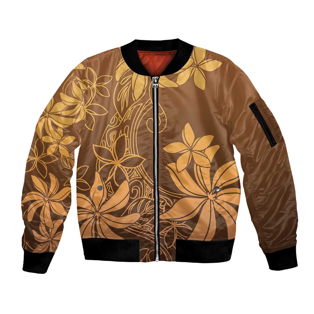 Tiare Tahiti Sleeve Zip Bomber Jacket Brown Polynesia Motifs LT05 Unisex Brown - Polynesian Pride