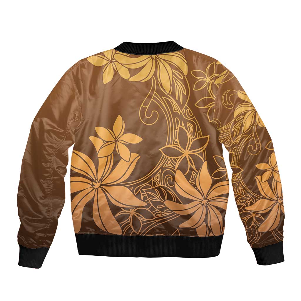 Tiare Tahiti Sleeve Zip Bomber Jacket Brown Polynesia Motifs LT05 - Polynesian Pride