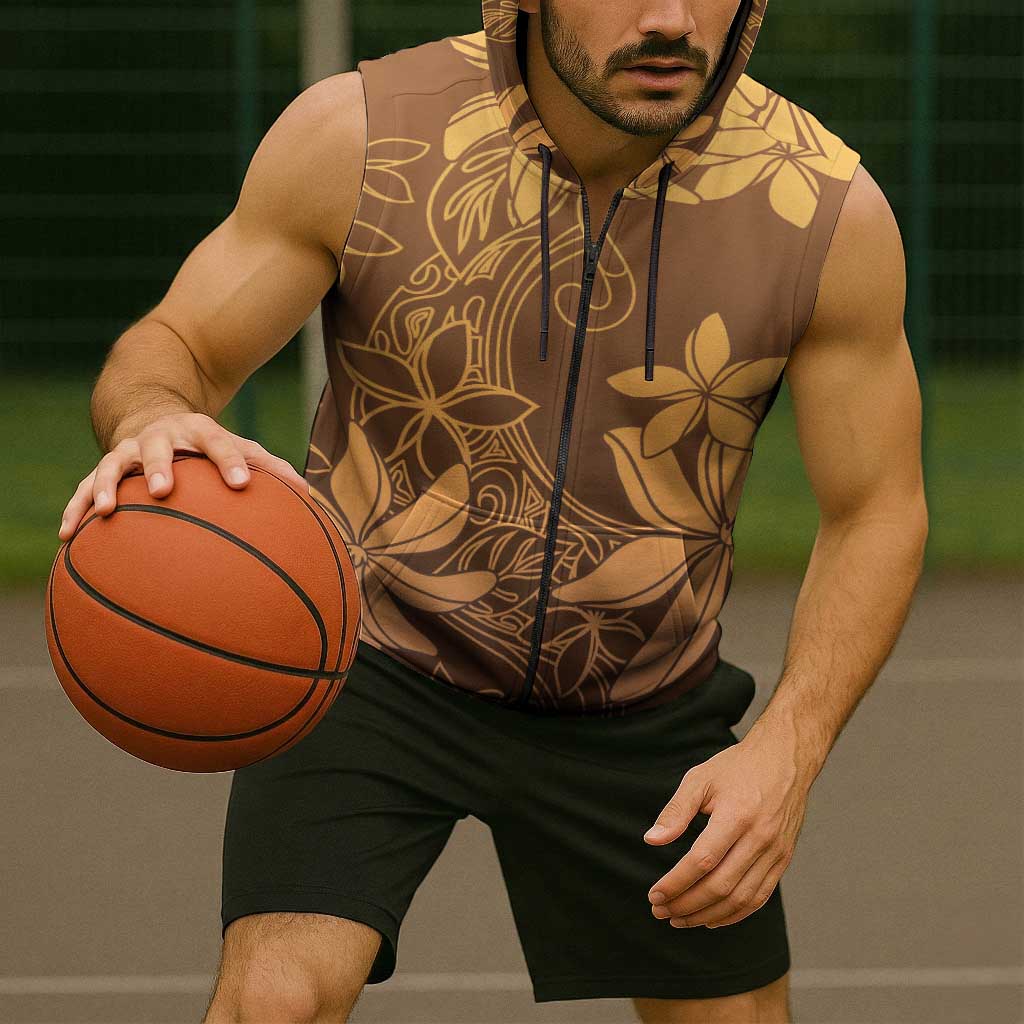 Tiare Tahiti Sleeveless Zip Hoodie Brown Polynesia Motifs - Polynesian Pride
