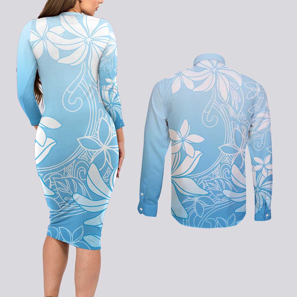 Tiare Tahiti Couples Matching Long Sleeve Bodycon Dress and Long Sleeve Button Shirt Blue Polynesia Motifs - Polynesian Pride