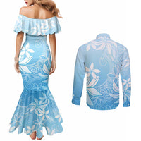 Tiare Tahiti Couples Matching Mermaid Dress and Long Sleeve Button Shirt Blue Polynesia Motifs - Polynesian Pride