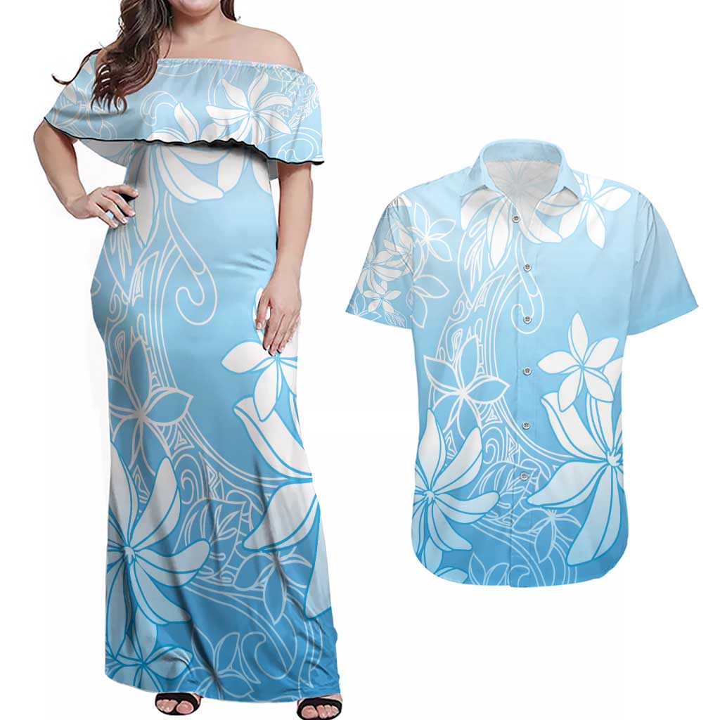 Tiare Tahiti Couples Matching Off Shoulder Maxi Dress and Hawaiian Shirt Blue Polynesia Motifs LT05 Blue - Polynesian Pride