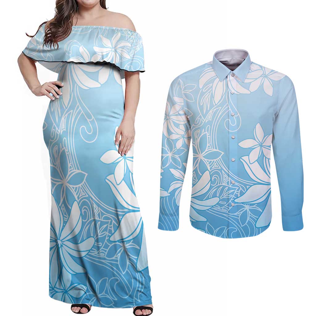 Tiare Tahiti Couples Matching Off Shoulder Maxi Dress and Long Sleeve Button Shirt Blue Polynesia Motifs LT05 Blue - Polynesian Pride