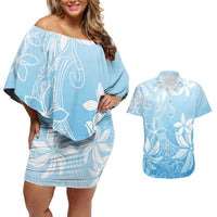 Tiare Tahiti Couples Matching Off Shoulder Short Dress and Hawaiian Shirt Blue Polynesia Motifs - Polynesian Pride