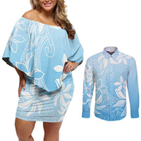 Tiare Tahiti Couples Matching Off Shoulder Short Dress and Long Sleeve Button Shirt Blue Polynesia Motifs - Polynesian Pride