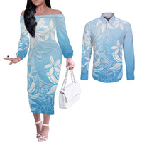 Tiare Tahiti Couples Matching Off The Shoulder Long Sleeve Dress and Long Sleeve Button Shirt Blue Polynesia Motifs - Polynesian Pride