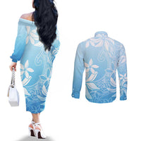 Tiare Tahiti Couples Matching Off The Shoulder Long Sleeve Dress and Long Sleeve Button Shirt Blue Polynesia Motifs - Polynesian Pride