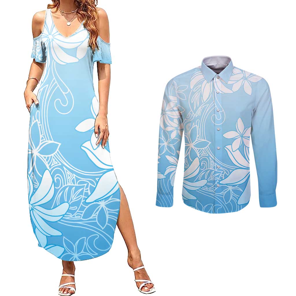 Tiare Tahiti Couples Matching Summer Maxi Dress and Long Sleeve Button Shirt Blue Polynesia Motifs LT05 Blue - Polynesian Pride