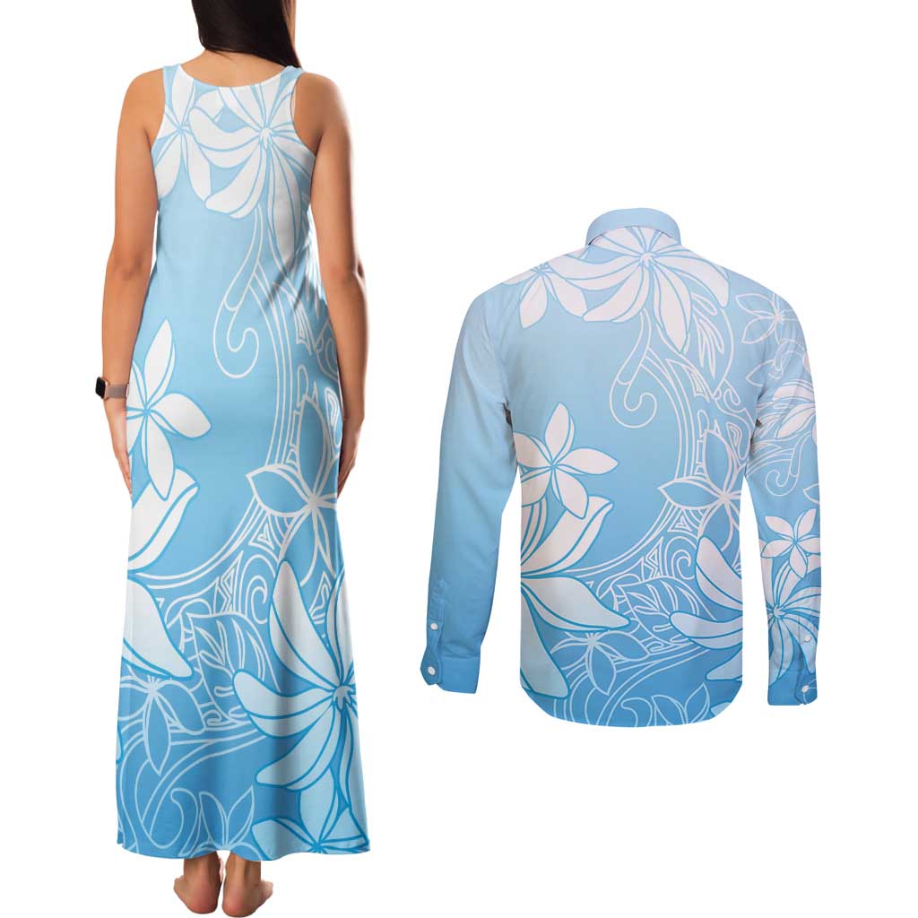 Tiare Tahiti Couples Matching Tank Maxi Dress and Long Sleeve Button Shirt Blue Polynesia Motifs - Polynesian Pride
