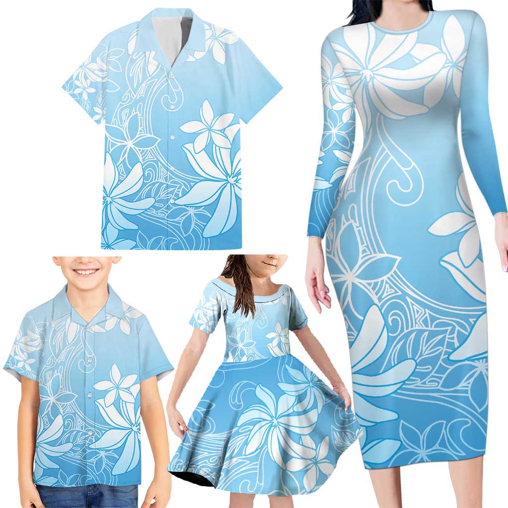 Tiare Tahiti Family Matching Long Sleeve Bodycon Dress and Hawaiian Shirt Blue Polynesia Motifs - Polynesian Pride