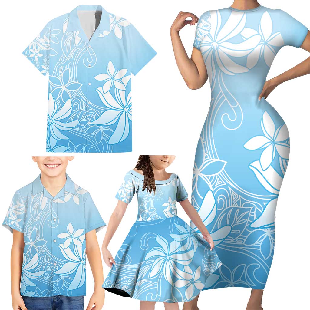 Tiare Tahiti Family Matching Short Sleeve Bodycon Dress and Hawaiian Shirt Blue Polynesia Motifs - Polynesian Pride