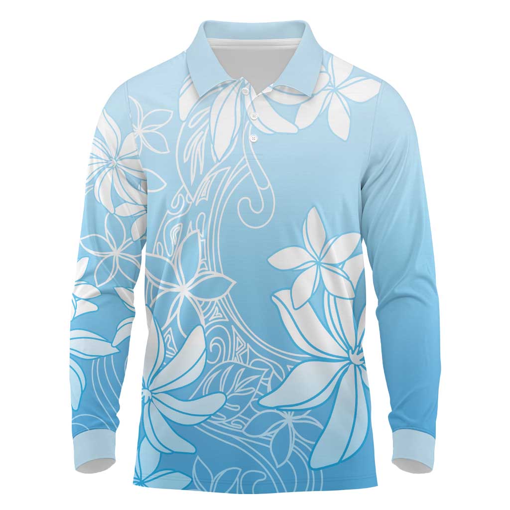 Tiare Tahiti Long Sleeve Polo Shirt Blue Polynesia Motifs - Polynesian Pride
