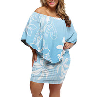 Tiare Tahiti Off Shoulder Short Dress Blue Polynesia Motifs - Polynesian Pride