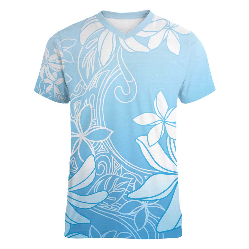 Tiare Tahiti Women V-Neck T-Shirt Blue Polynesia Motifs LT05 Female Blue - Polynesian Pride