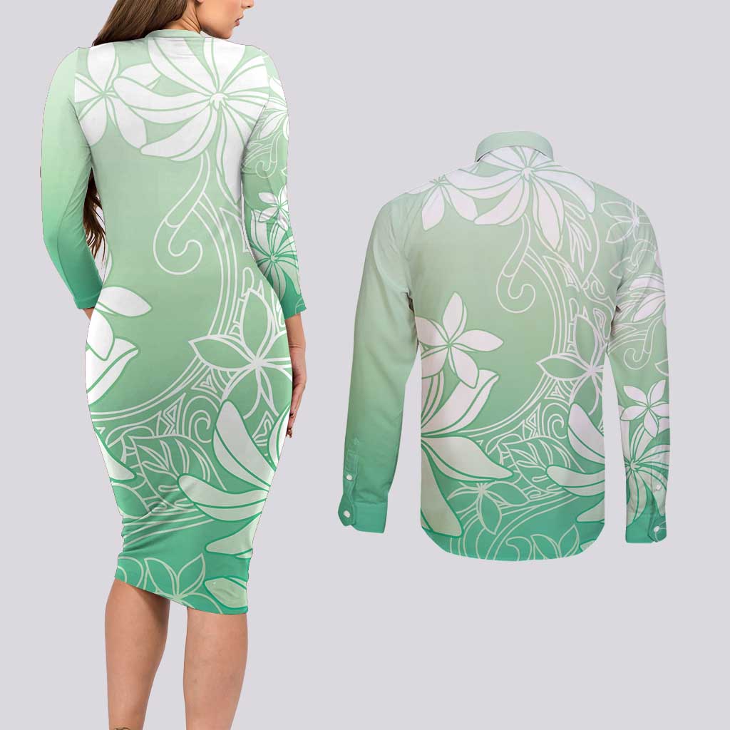Tiare Tahiti Couples Matching Long Sleeve Bodycon Dress and Long Sleeve Button Shirt Matcha Polynesia Motifs - Polynesian Pride