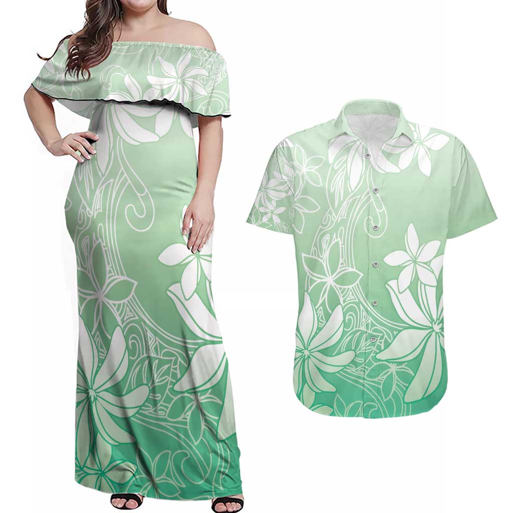 Tiare Tahiti Couples Matching Off Shoulder Maxi Dress and Hawaiian Shirt Matcha Polynesia Motifs LT05 Green - Polynesian Pride