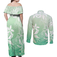 Tiare Tahiti Couples Matching Off Shoulder Maxi Dress and Long Sleeve Button Shirt Matcha Polynesia Motifs - Polynesian Pride