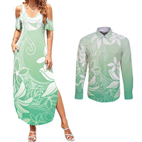 Tiare Tahiti Couples Matching Summer Maxi Dress and Long Sleeve Button Shirt Matcha Polynesia Motifs - Polynesian Pride