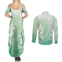 Tiare Tahiti Couples Matching Summer Maxi Dress and Long Sleeve Button Shirt Matcha Polynesia Motifs - Polynesian Pride