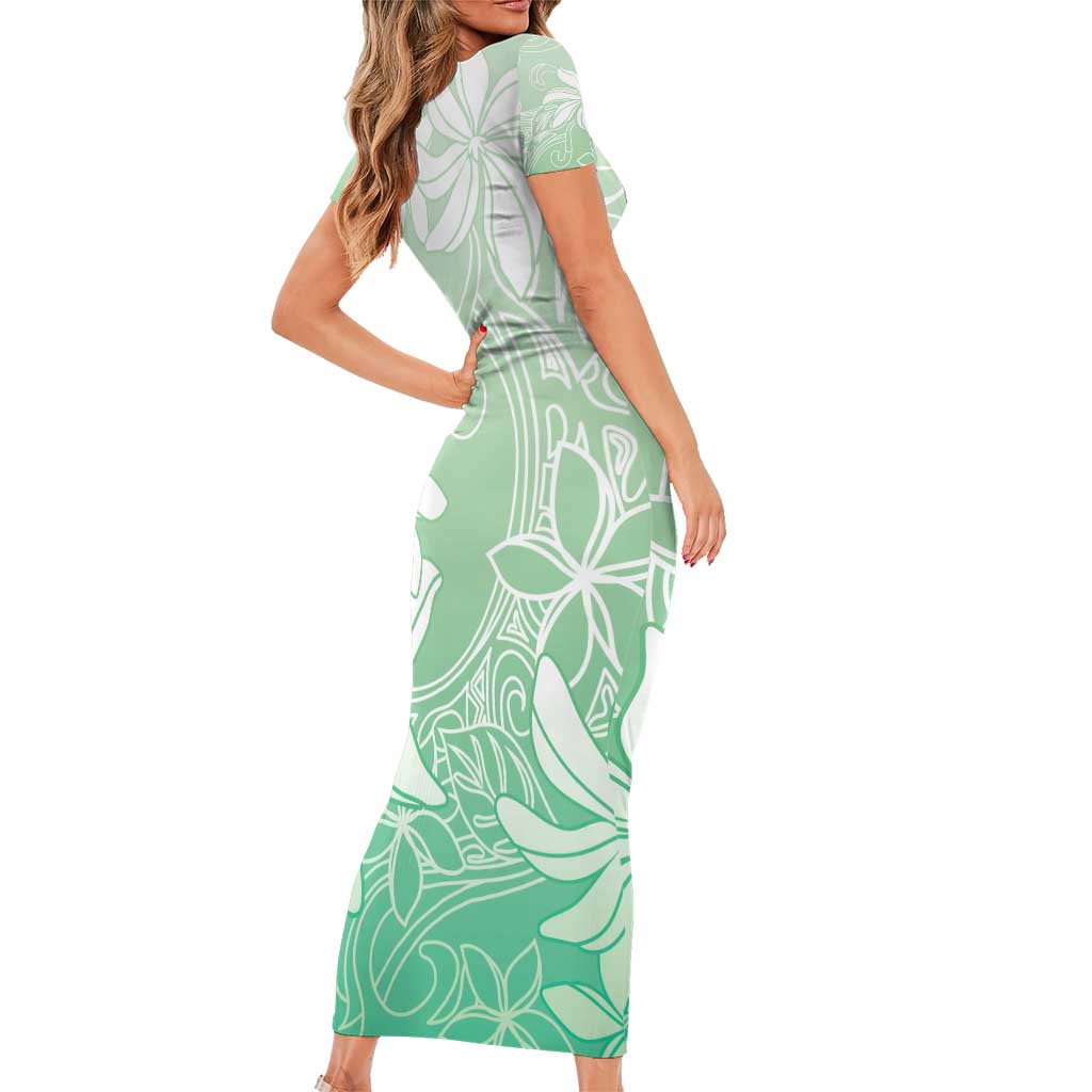 Tiare Tahiti Short Sleeve Bodycon Dress Matcha Polynesia Motifs - Polynesian Pride