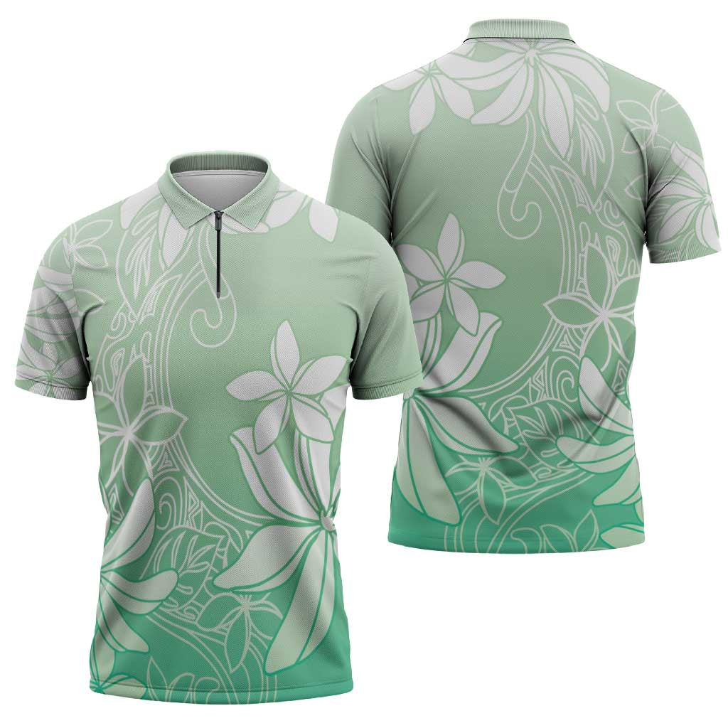 Tiare Tahiti Zipper Polo Shirt Matcha Polynesia Motifs - Polynesian Pride