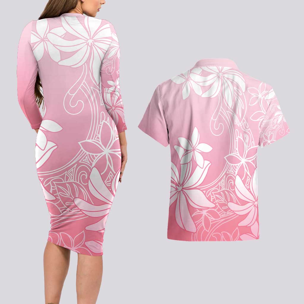 Tiare Tahiti Couples Matching Long Sleeve Bodycon Dress and Hawaiian Shirt Pink Polynesia Motifs - Polynesian Pride
