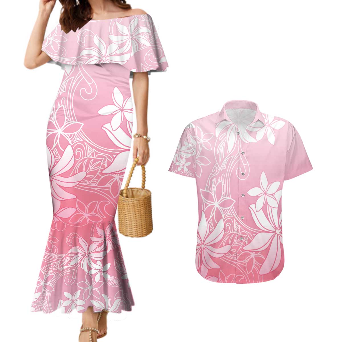 Tiare Tahiti Couples Matching Mermaid Dress and Hawaiian Shirt Pink Polynesia Motifs - Polynesian Pride