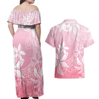 Tiare Tahiti Couples Matching Off Shoulder Maxi Dress and Hawaiian Shirt Pink Polynesia Motifs - Polynesian Pride