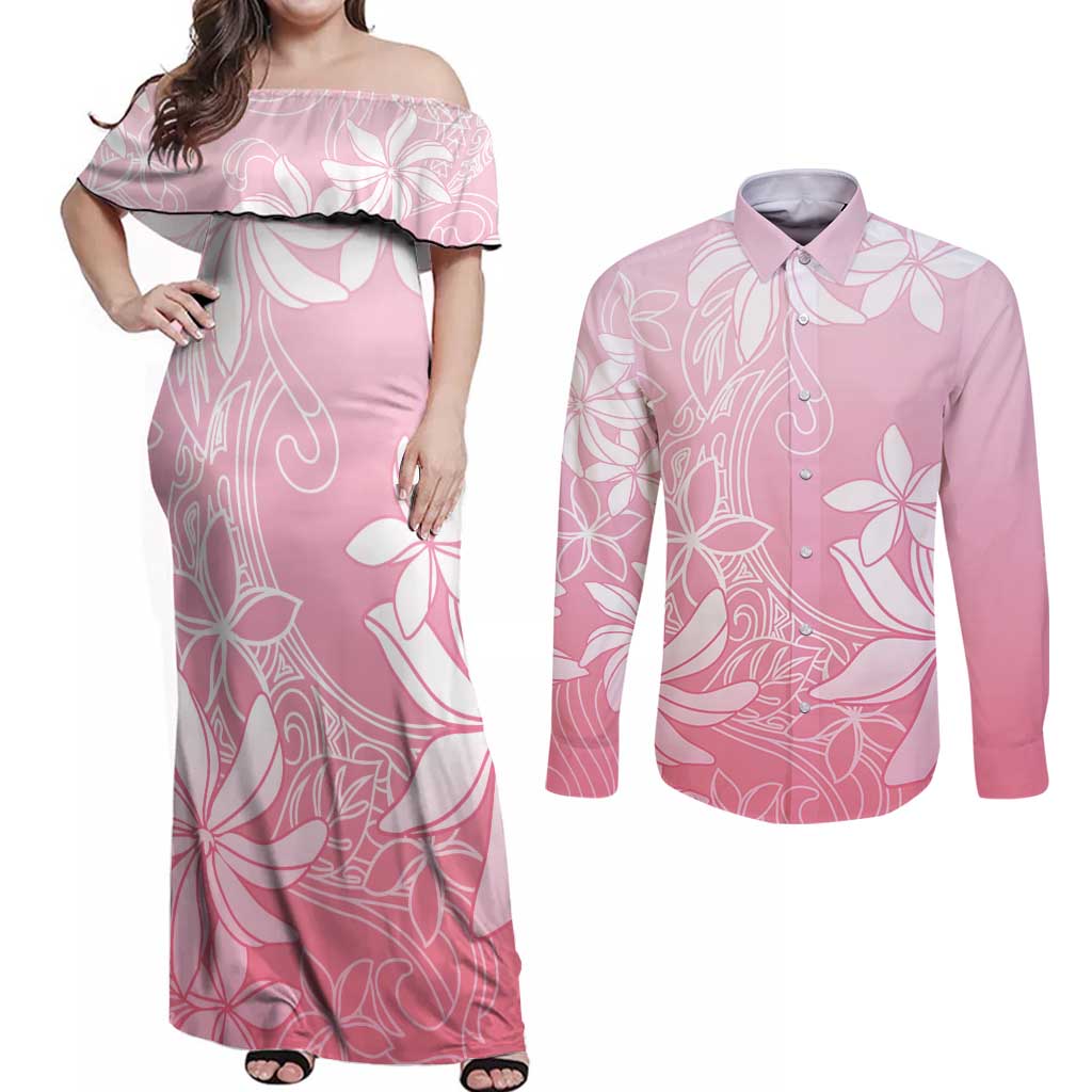 Tiare Tahiti Couples Matching Off Shoulder Maxi Dress and Long Sleeve Button Shirt Pink Polynesia Motifs - Polynesian Pride