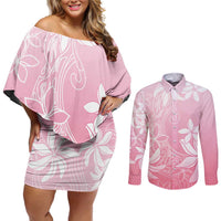 Tiare Tahiti Couples Matching Off Shoulder Short Dress and Long Sleeve Button Shirt Pink Polynesia Motifs - Polynesian Pride
