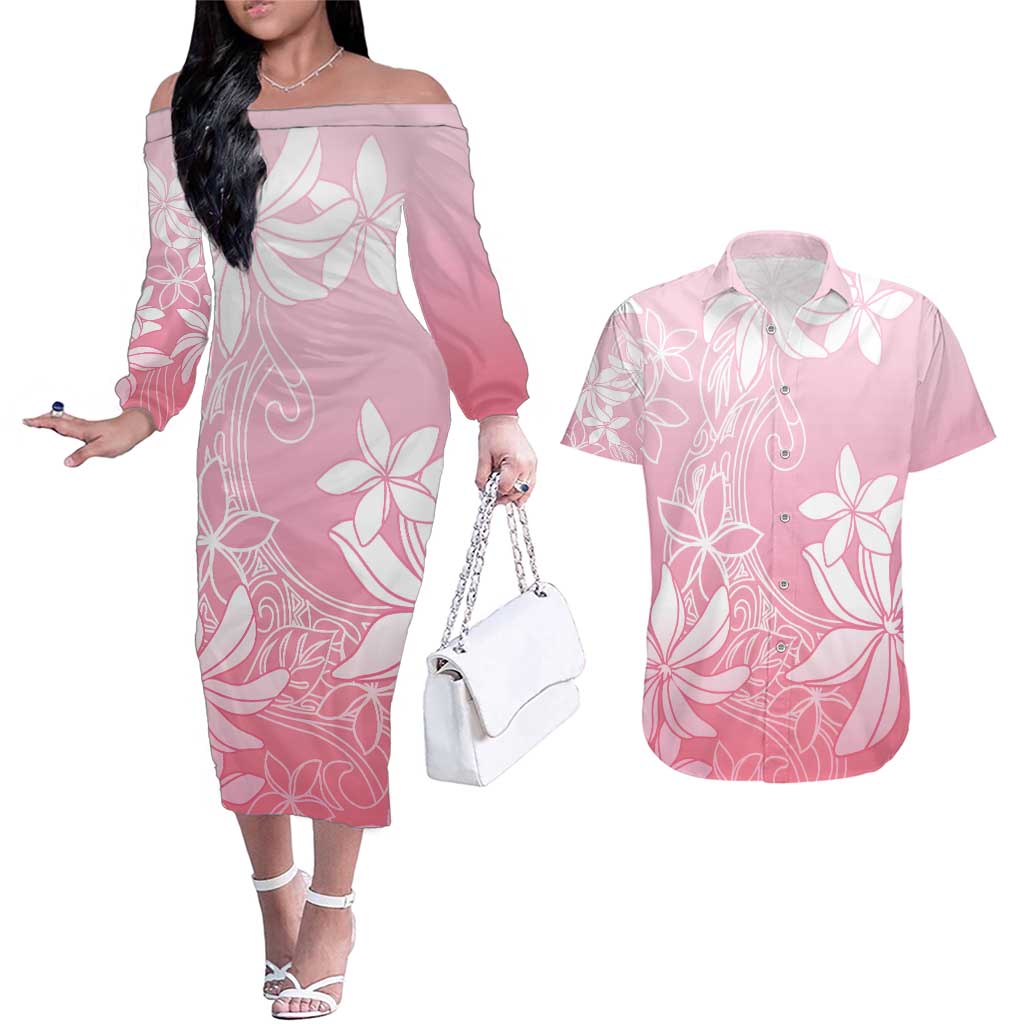 Tiare Tahiti Couples Matching Off The Shoulder Long Sleeve Dress and Hawaiian Shirt Pink Polynesia Motifs - Polynesian Pride