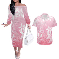 Tiare Tahiti Couples Matching Off The Shoulder Long Sleeve Dress and Hawaiian Shirt Pink Polynesia Motifs - Polynesian Pride
