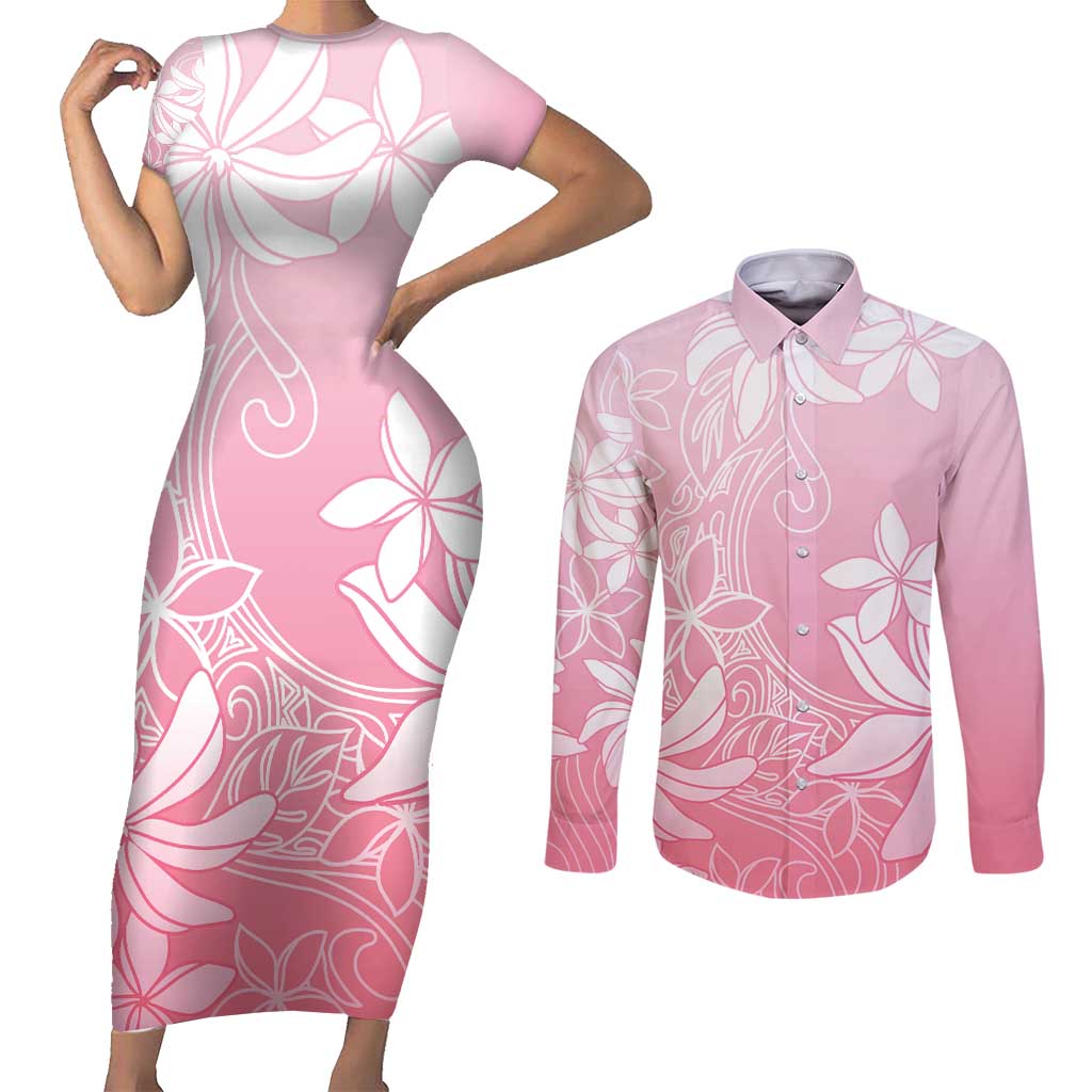 Tiare Tahiti Couples Matching Short Sleeve Bodycon Dress and Long Sleeve Button Shirt Pink Polynesia Motifs - Polynesian Pride
