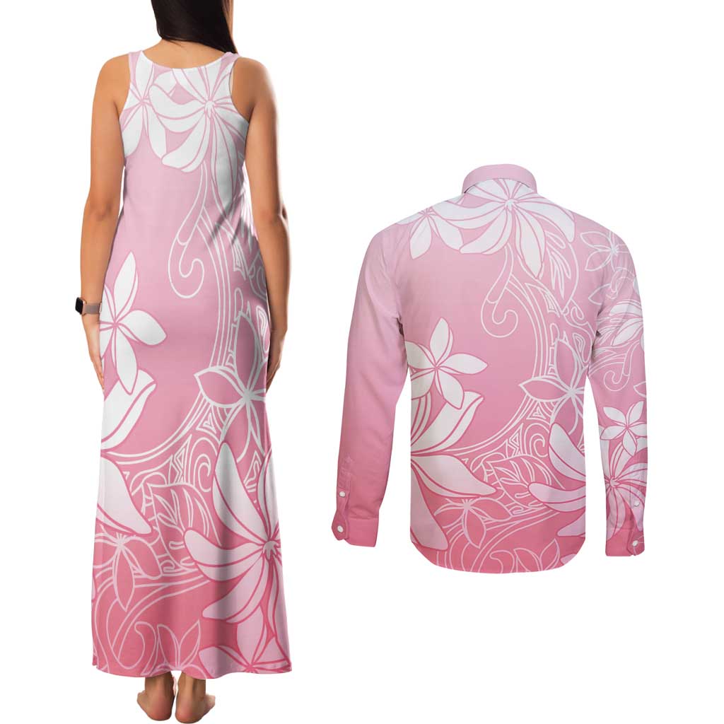 Tiare Tahiti Couples Matching Tank Maxi Dress and Long Sleeve Button Shirt Pink Polynesia Motifs - Polynesian Pride