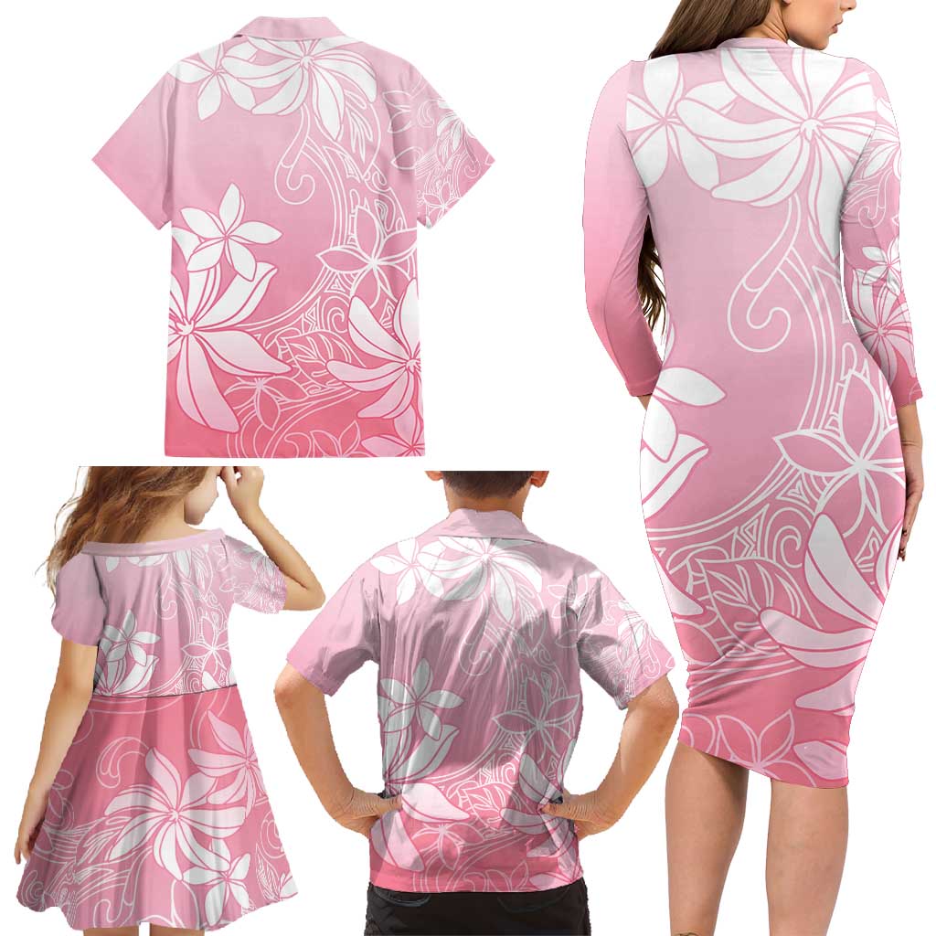 Tiare Tahiti Family Matching Long Sleeve Bodycon Dress and Hawaiian Shirt Pink Polynesia Motifs - Polynesian Pride