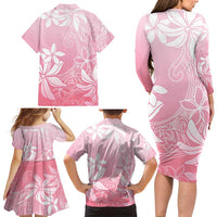Tiare Tahiti Family Matching Long Sleeve Bodycon Dress and Hawaiian Shirt Pink Polynesia Motifs - Polynesian Pride