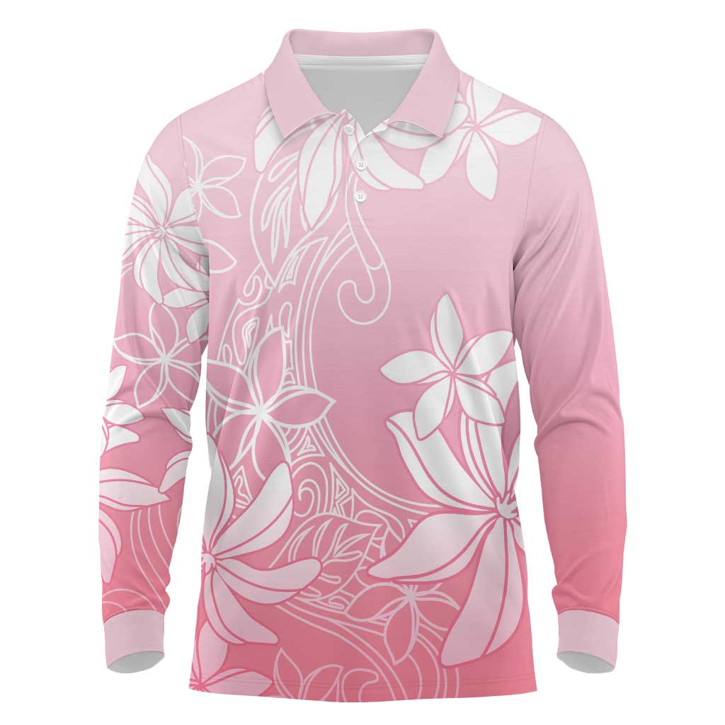 Tiare Tahiti Long Sleeve Polo Shirt Pink Polynesia Motifs - Polynesian Pride