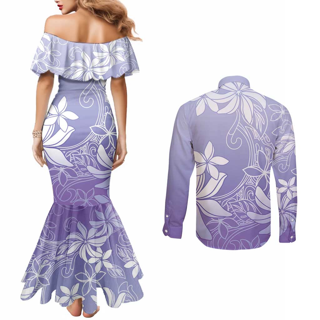 Tiare Tahiti Couples Matching Mermaid Dress and Long Sleeve Button Shirt Purple Polynesia Motifs - Polynesian Pride