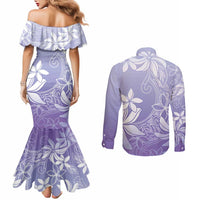 Tiare Tahiti Couples Matching Mermaid Dress and Long Sleeve Button Shirt Purple Polynesia Motifs - Polynesian Pride