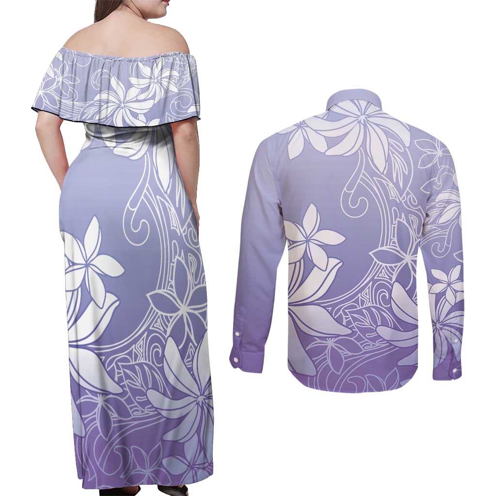 Tiare Tahiti Couples Matching Off Shoulder Maxi Dress and Long Sleeve Button Shirt Purple Polynesia Motifs - Polynesian Pride