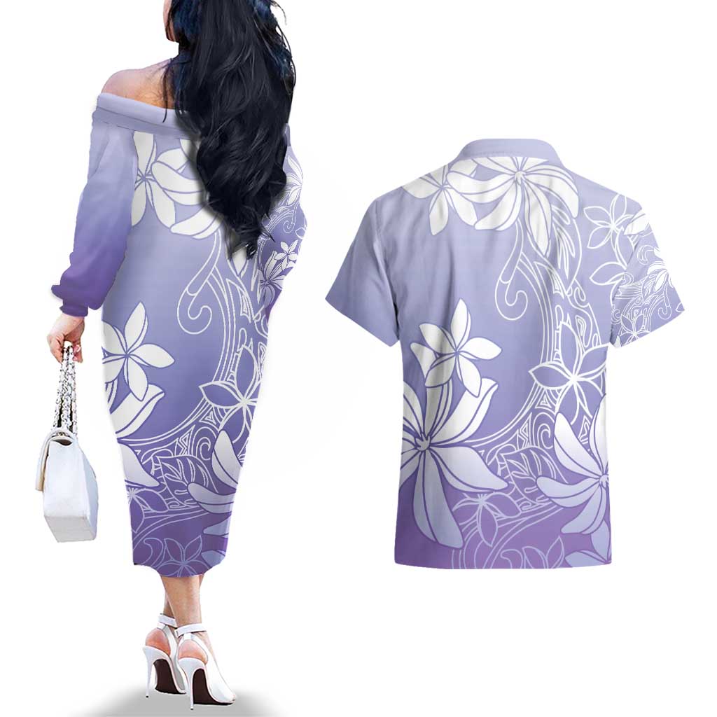 Tiare Tahiti Couples Matching Off The Shoulder Long Sleeve Dress and Hawaiian Shirt Purple Polynesia Motifs - Polynesian Pride