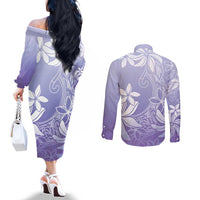 Tiare Tahiti Couples Matching Off The Shoulder Long Sleeve Dress and Long Sleeve Button Shirt Purple Polynesia Motifs - Polynesian Pride